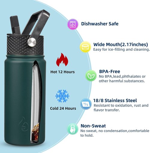 BJPKPK Insulated Water Bottle - 18oz Stainless Steel with Straw Lid | Leak-Proof, BPA-Free, Thermo-Army Green