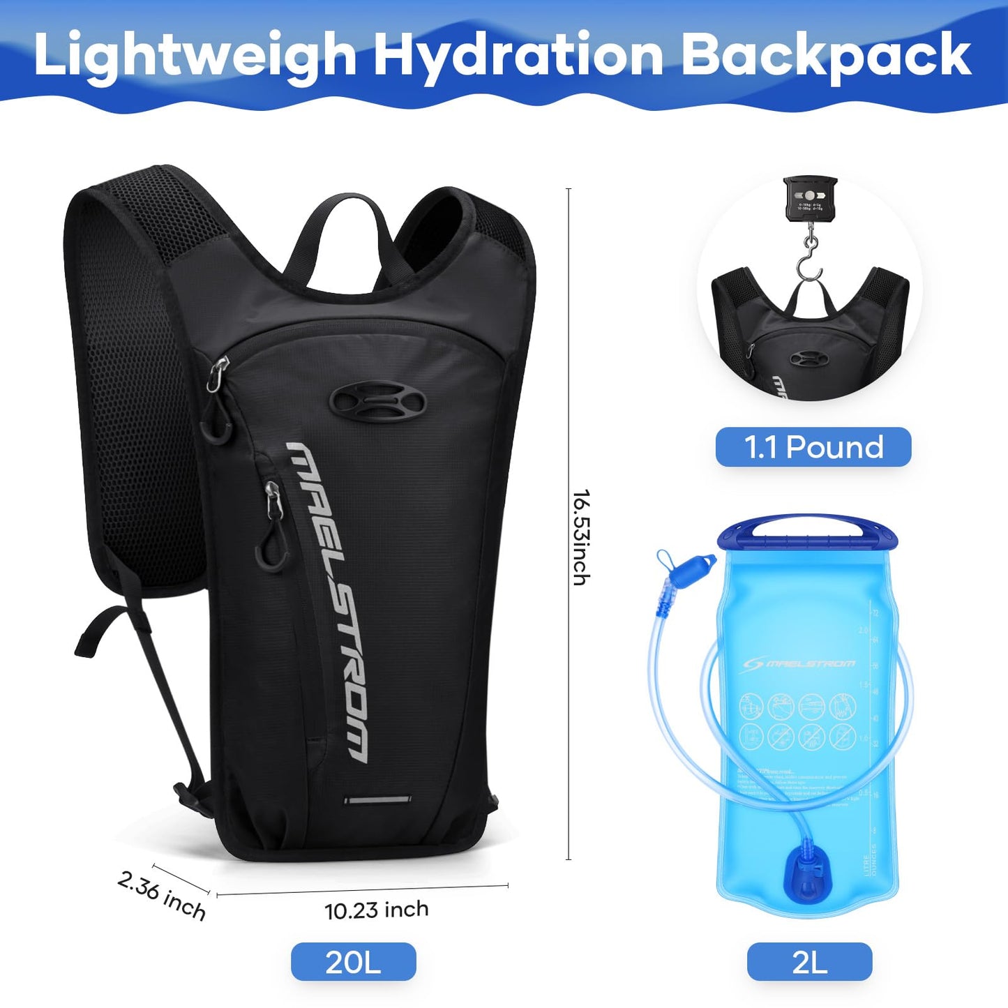 Maelstrom Hydration Backpack, Hiking Backpack with 2L Water Bladder, Running Hydration Vest for Cycling Hiking Rave for Men Women (Black)