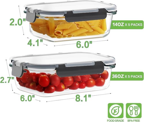 HOMBERKING Borosilicate Glass Meal Prep Containers - Airtight & Leak Proof | 10 Pack Set, 36oz & 14oz