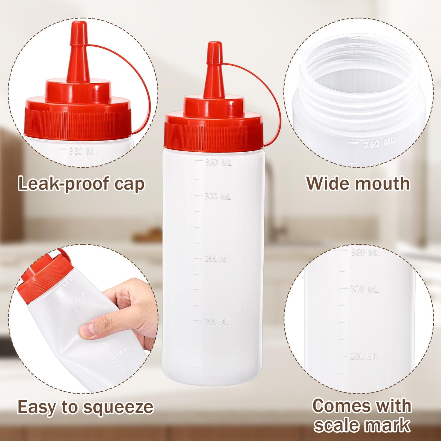 Katfort Condiment Squeeze Bottles Ketchup Dispenser, 4 Pack 12oz Squeeze Bottles for Liquids, Plastic Sauce Bottle with Cap Lid, Squirt Bottles for Sauces Liquids BBQ Dressing Pancake Art