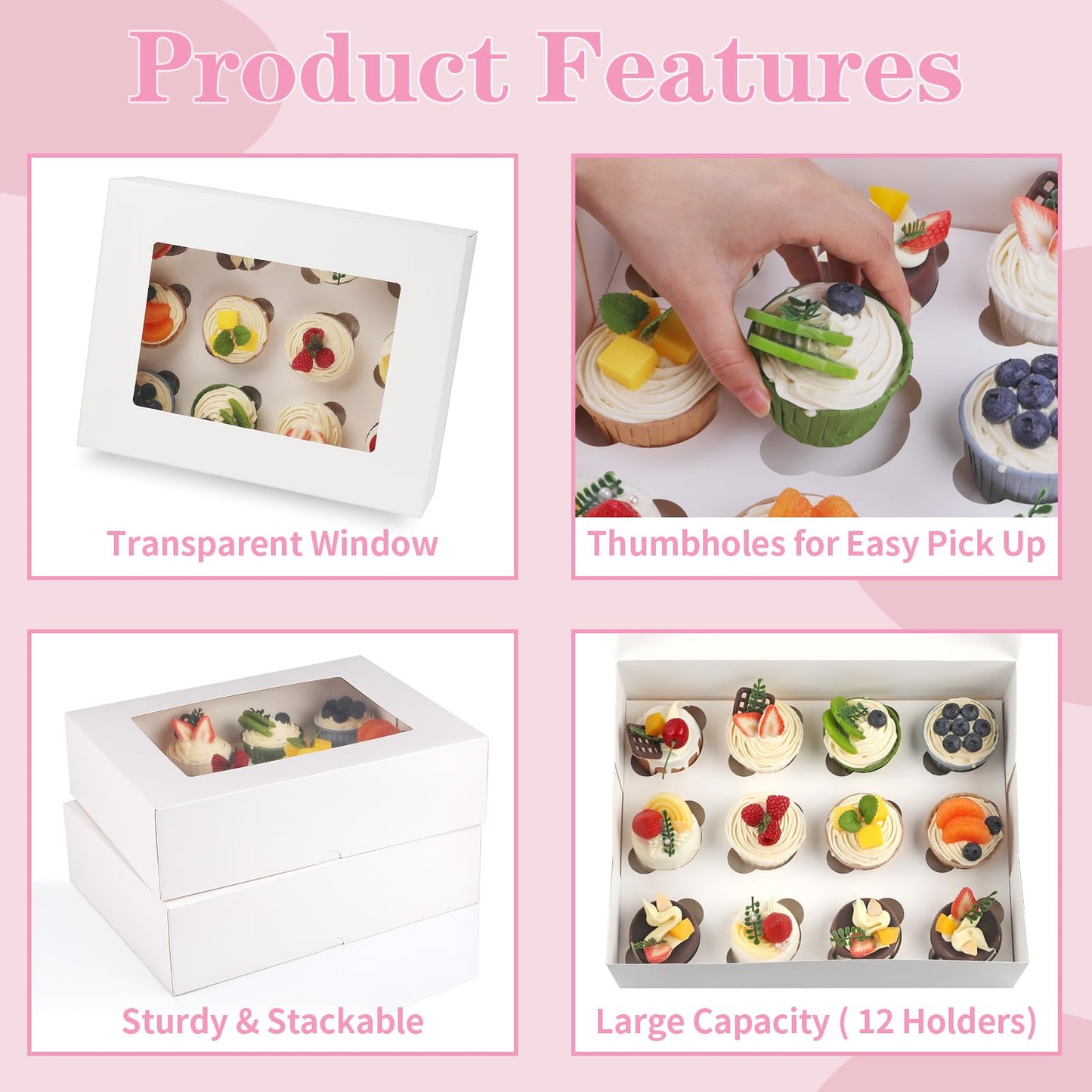 Svalor Cupcake Boxes, 4 Pack Disposable Cupcake Containers, Food Grade Cupcake Carrier 12 Count with Window and Inserts, Cupcake Transport Holders Bulk for Muffins Cookies Treats Dessert（White）