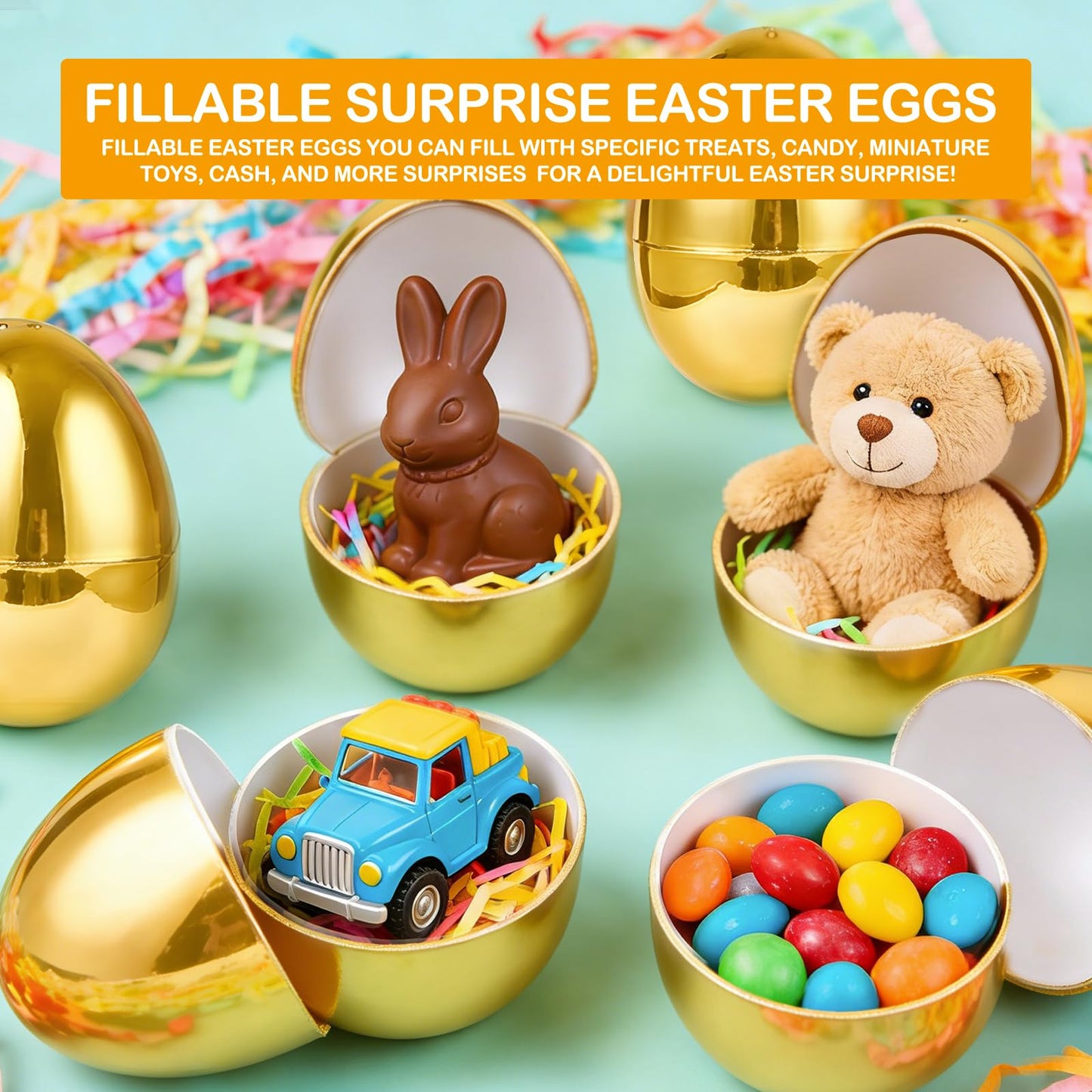 AMENON 3.15" Golden Easter Eggs, 36PCS Fillable Plastic Eggs Empty Surprise Gold Eggshells with Hinge for Easter Hunt Easter Basket Stuffers Fillers Classroom Prize Supplies Filling Treats Party Favor