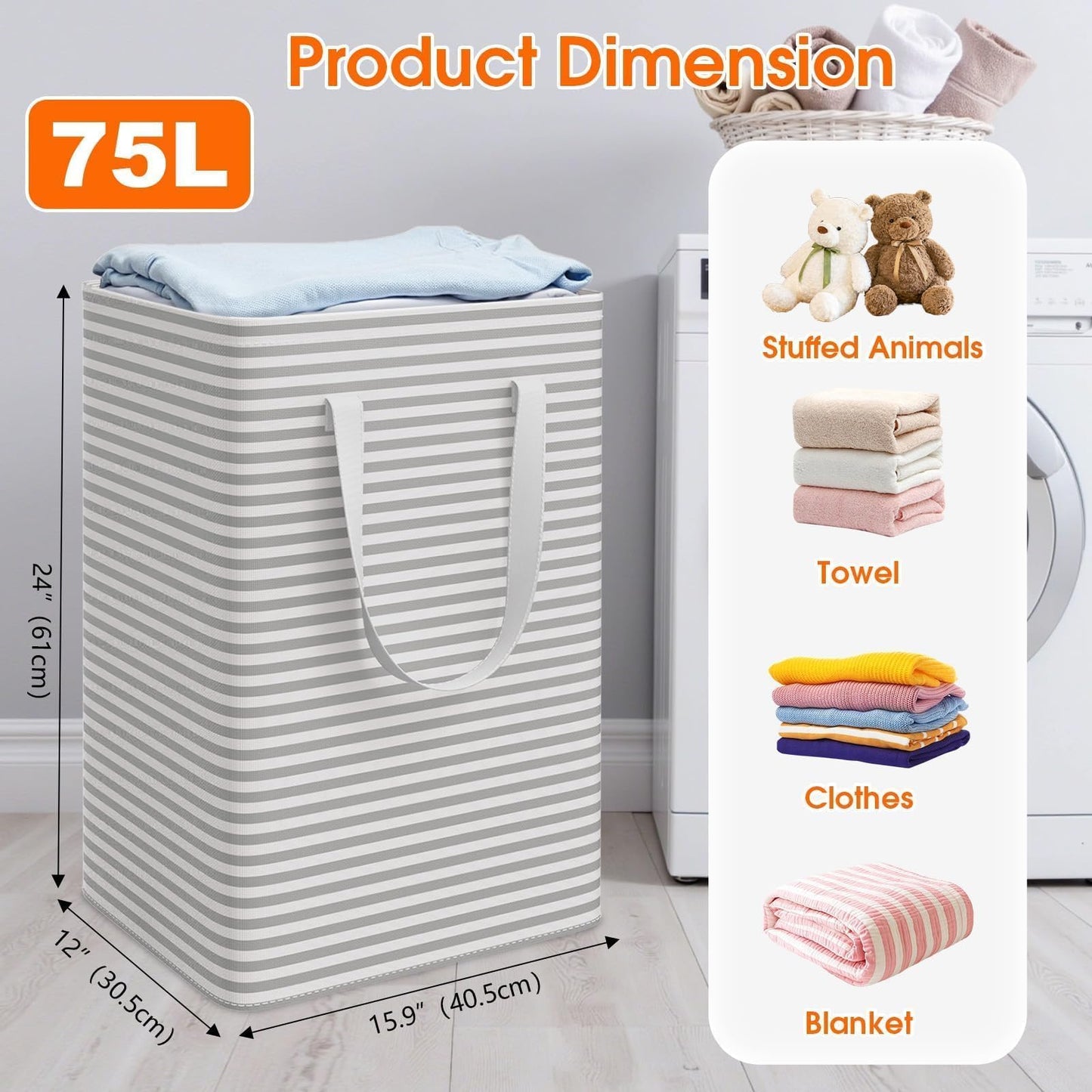 SmartTrends 3 Pack Laundry Basket, Waterproof & Freestanding Large Laundry Hamper, Collapsible Clothes Hampers with Easy Carry Long & Reinforced Handles in Bedroom Bathroom, College Dorm(75Lx3, Gray)