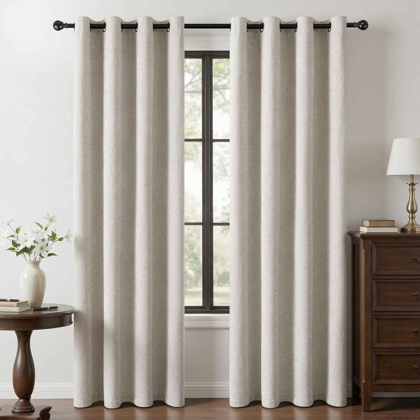Regine Switzerland 100% Blackout Curtains - Luxury Chenille Thermal Insulated Drapes | 84" Long, Beige, 2 Panels