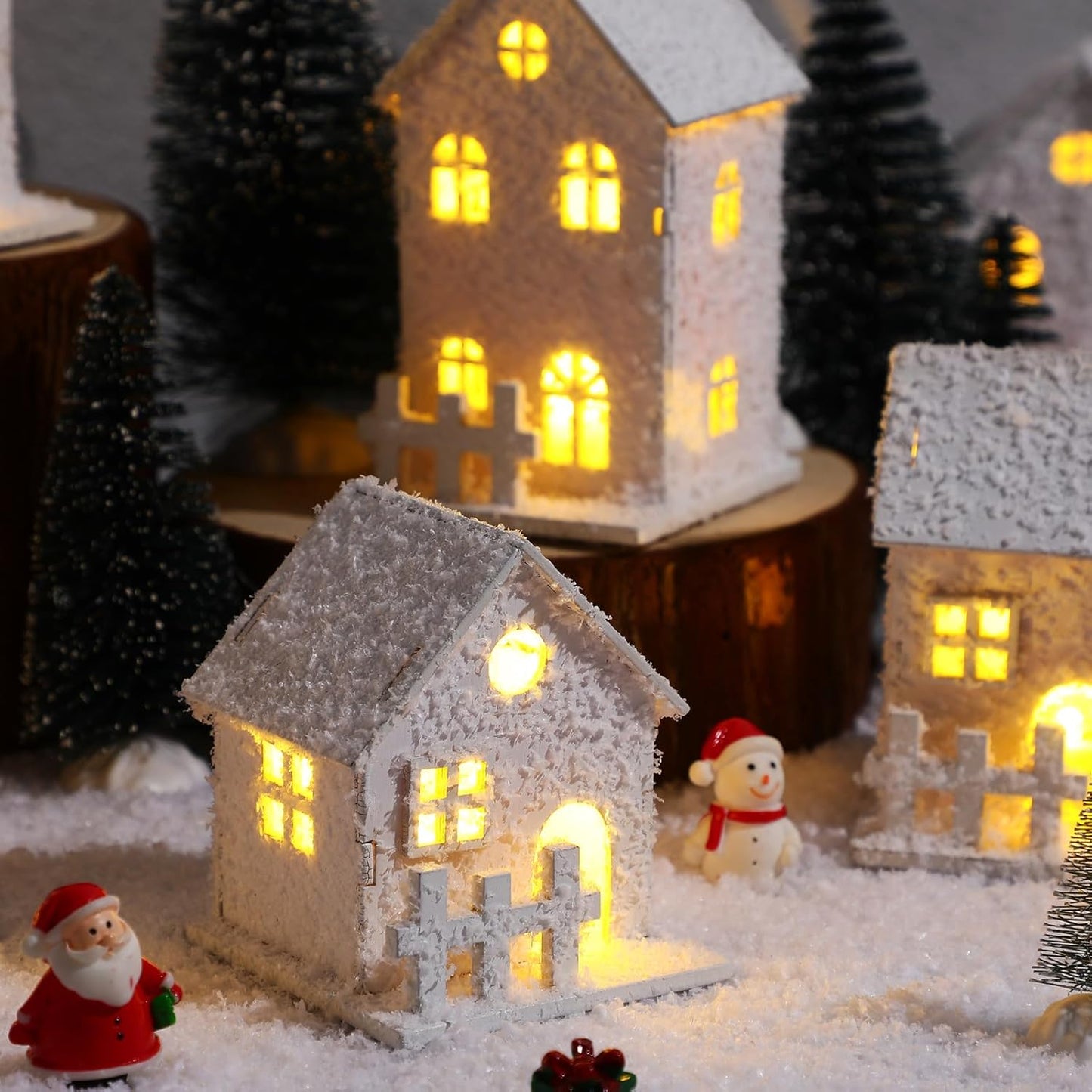 Kajaia Christmas Winter Village Set - 12 Houses with LED Lights & Trees | Cute White Figurines
