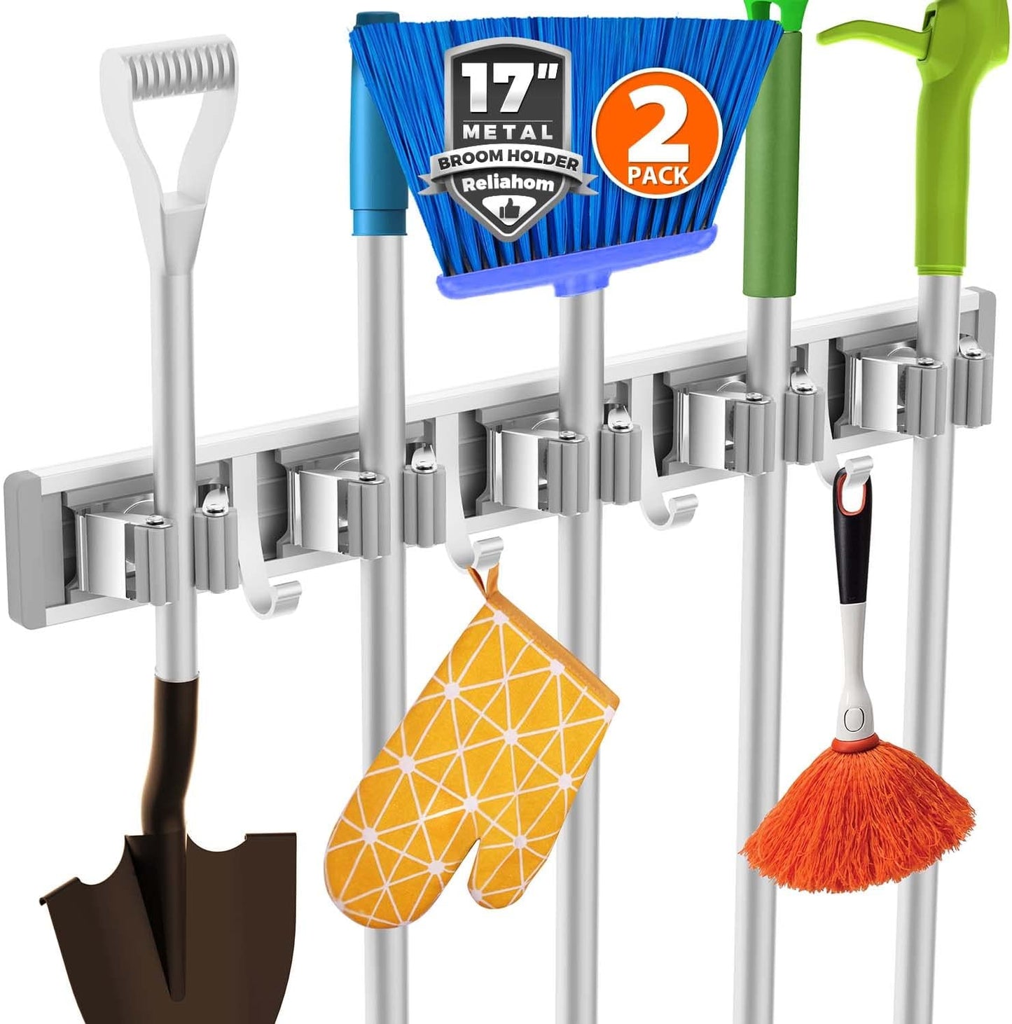Reliahom Broom Holder Wall Mount - 2 Pack with 5 Racks & 4 Hooks for Garage, Kitchen, Garden, Laundry Room