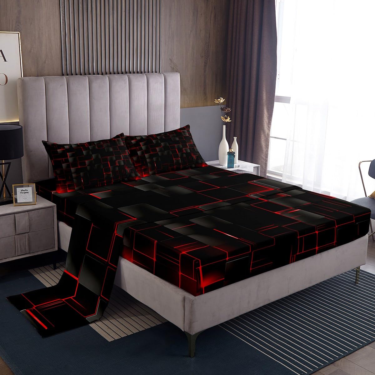 Manfei Abstract Sheet Set Full Size, Modern Geometric Square Grid Bedding Set for Kids Boy Girl Room Decor, Red and Black Bed Sheet Set 4pcs with Deep Pocket Fitted Sheet + Flat Sheet + 2 Pillowcases