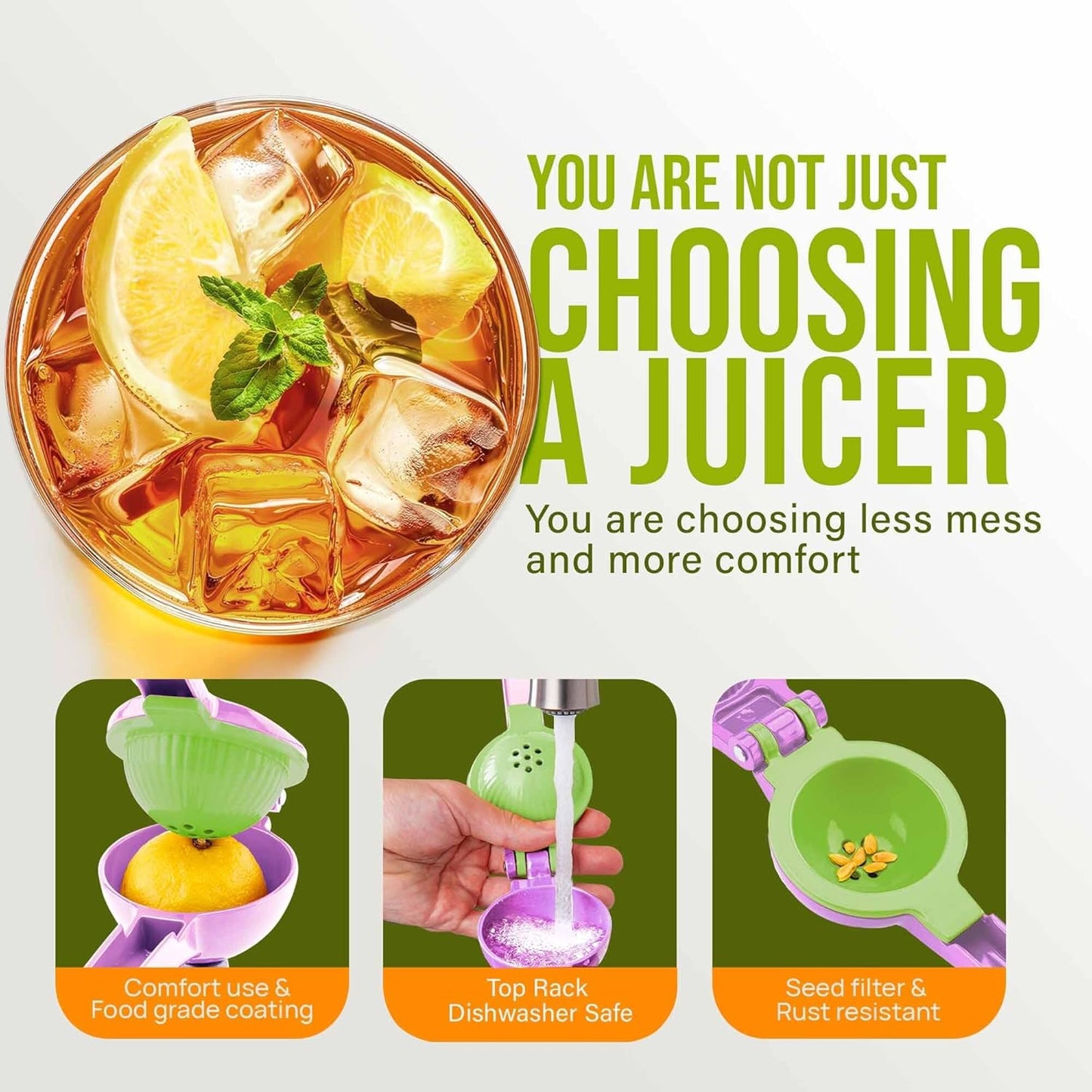 Zulay Kitchen 2-in-1 Lemon Squeezer - Sturdy Hand Juicer for Maximum Juice Extraction - Easy to Clean - Purple/Lime
