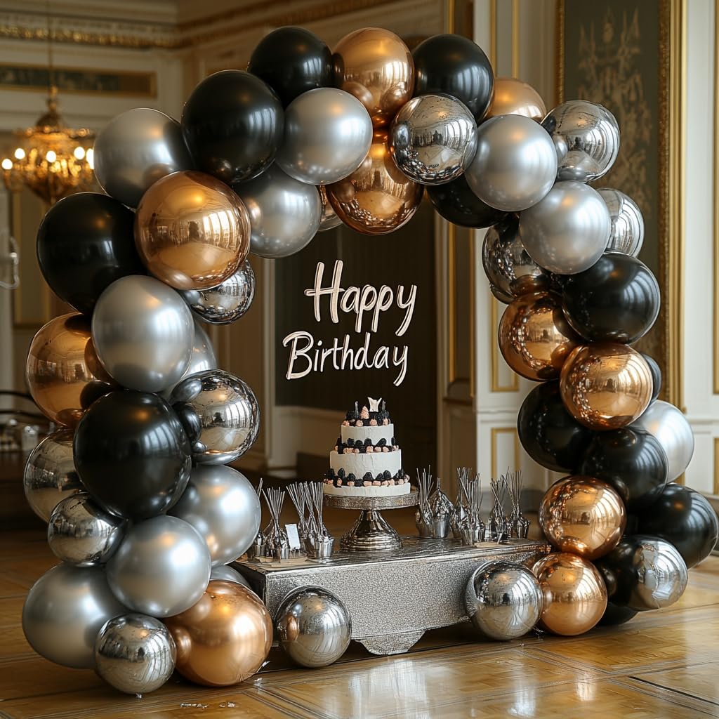 Bezente Black Silver Confetti Latex Balloons,60pcs 12 inch Black White Silver Metallic Chrome and Confetti Balloons for New Year Birthday Baby Shower Wedding Theme Party Decoration