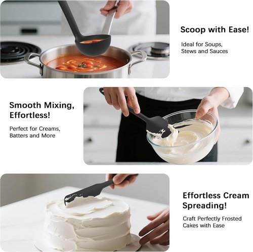 Coukre Silicone Kitchen Utensils Set - Heat-Resistant, Food-Grade Tools with Holder | 14-Piece in Pure Black