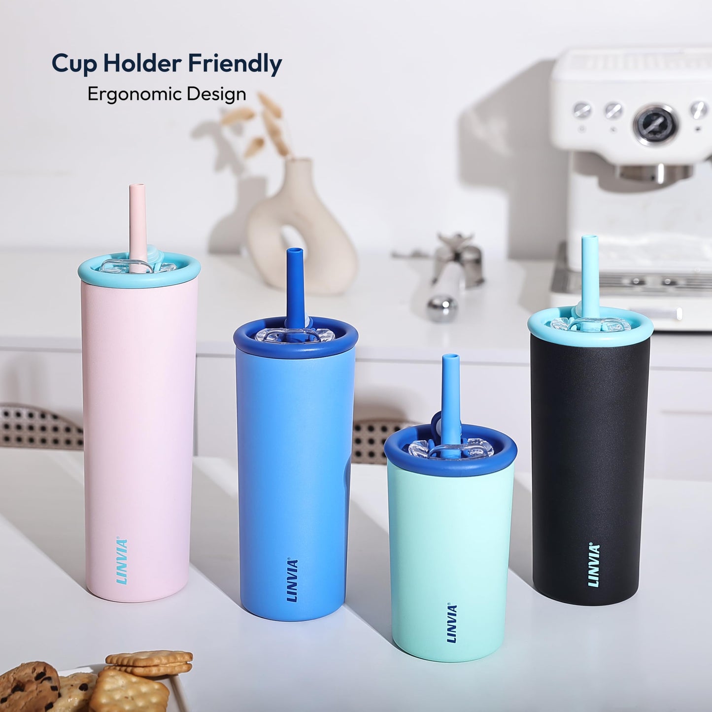 LINVIA Candy Tumbler, 25 oz Kids Insulated Stainless Steel Water Bottle with Spill Resistant Silicone-Metal Straw and 2-in-1 Lid, BPA-Free, Cup Holder Friendly, Dishwasher Safe, Avocado Green