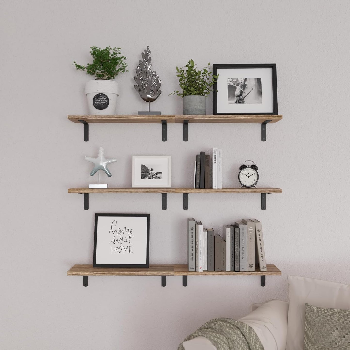 WOPITUES Wood Floating Shelves - Set of 6 Rustic Brown Wall Decor for Bedroom, Bathroom & Living Room