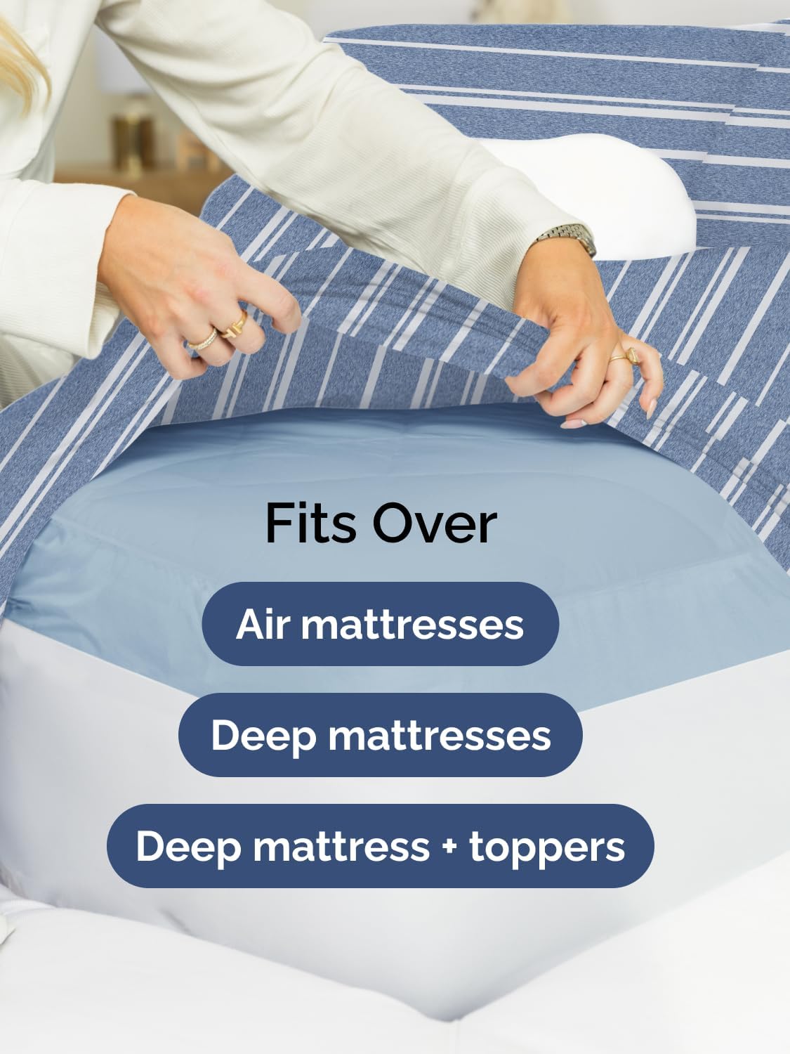 Skiennix Extra Deep Split King Sheet Set | 7-Piece Breathable Cooling Bedding - Soft, Wrinkle-Free Blue Stripes