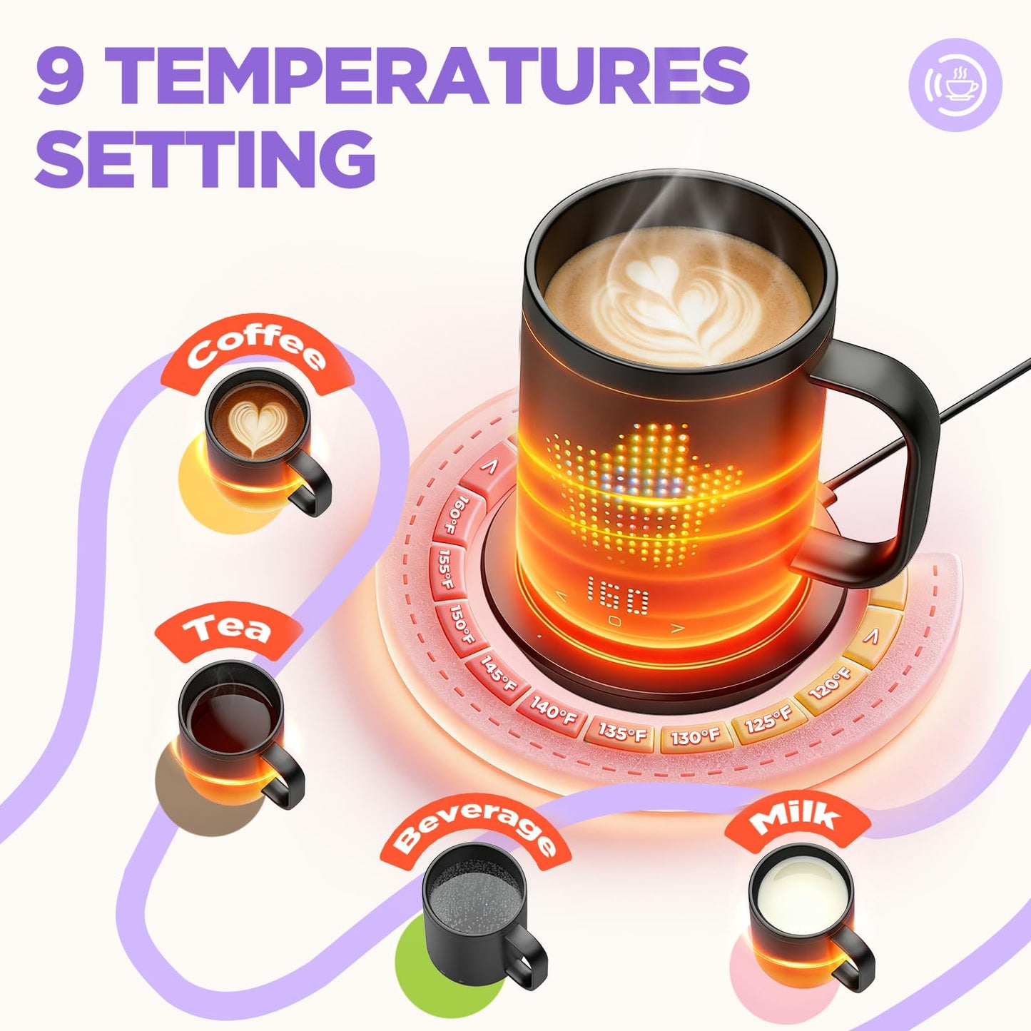 Coffee Mug Warmer with LED Pattern, Heated Coffee Mugs with 4500mAh*2 Ultra-Long Battery&±1°C Accuracy, Self Heating Mug Warmer Ideal for Coffee, Tea, Milk & Water, Coffee Warmer