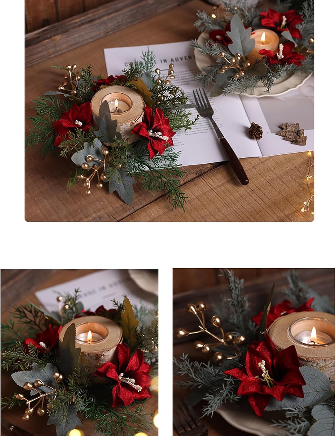 Regine Switzerland Christmas Candle Rings - Pine Needle & Berry Decoration for Winter Centerpieces