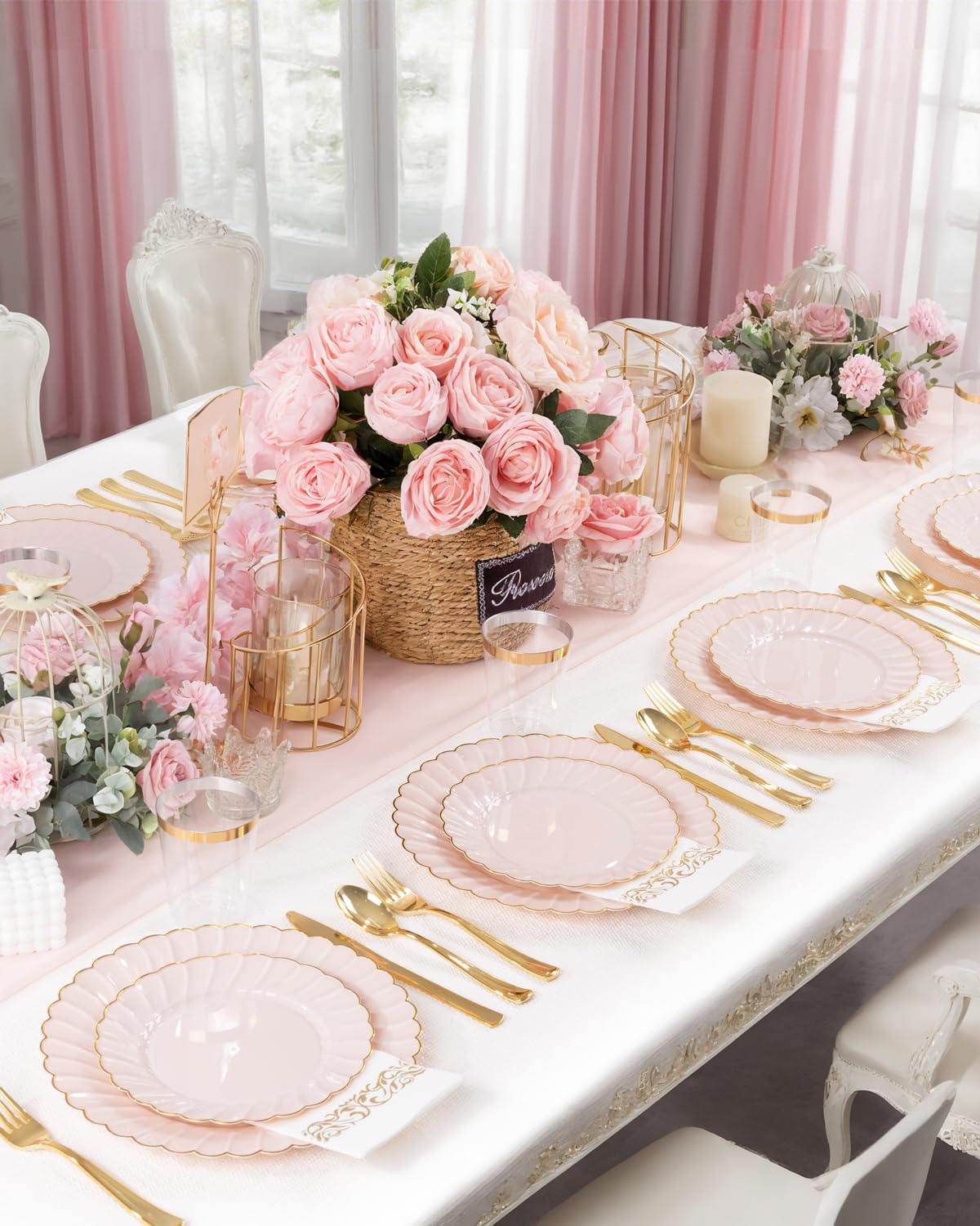 YOUBET 175PCS Pink Scalloped Plastic Plates - Gold Disposable Dinnerware Set Include 50 Plates, 75 Gold Silverware, 25 Cups, 25 Napkins for Party & Wedding & Baby Shower Mothers Day