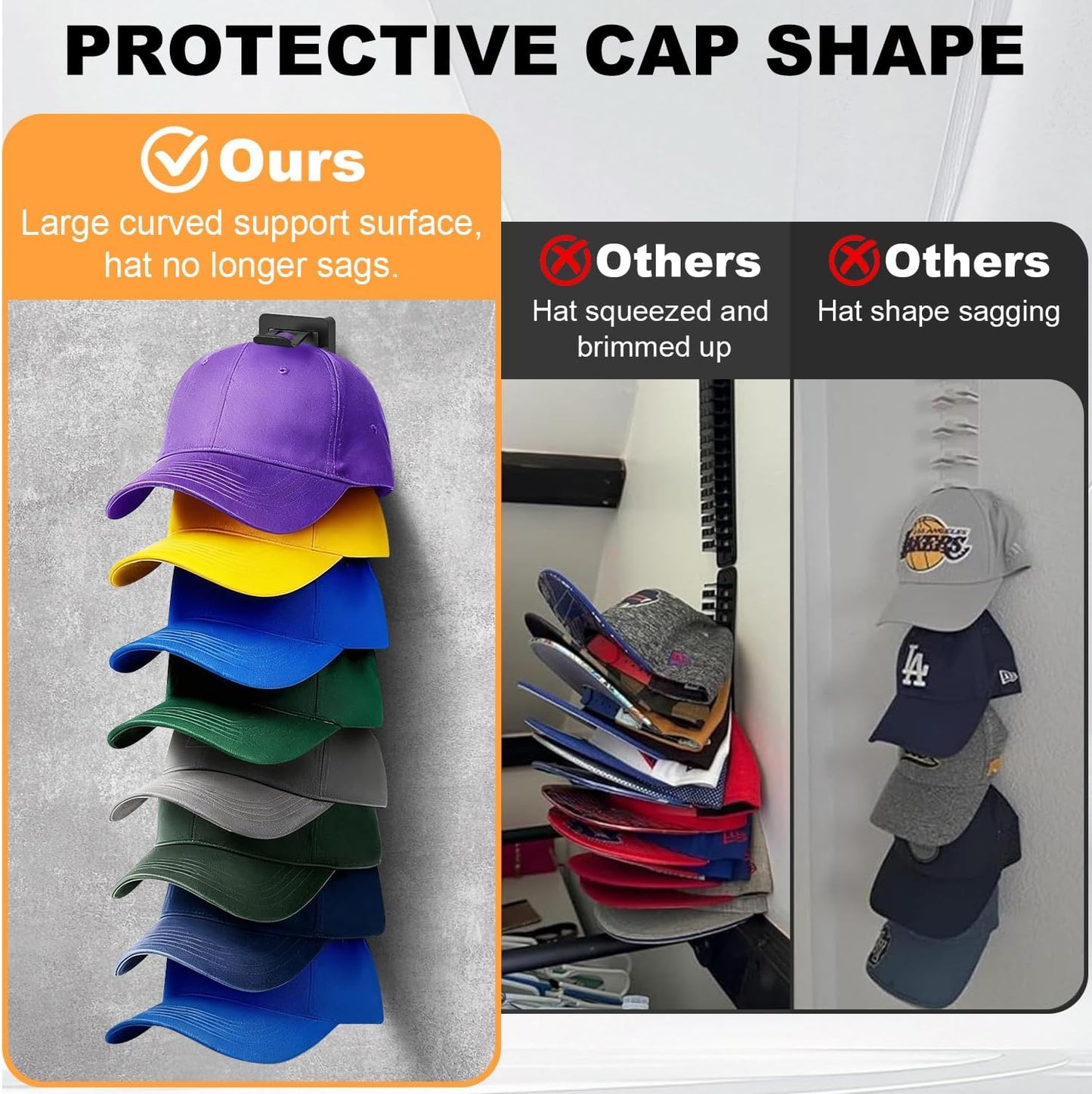Skiennix Hat Organizer | 2-Pack Baseball Cap Rack with Strong Adhesive & Screw-in Holders for Closet & Bedroom
