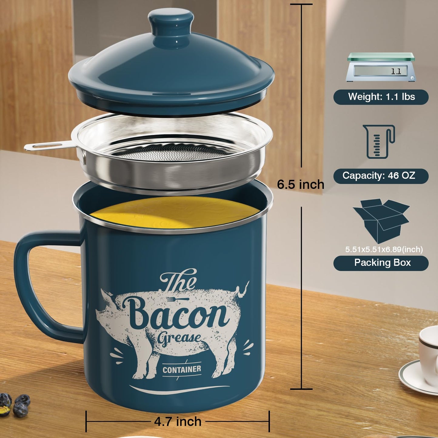 Bacon Grease Container With Strainer, 46OZ Large Enamel Grease Container, With Silicone Spatula, Farmhouse Bacon Grease Keeper, Cooking Oil Container For Kitchen Fat Storage, Dishwasher Safe-Blue