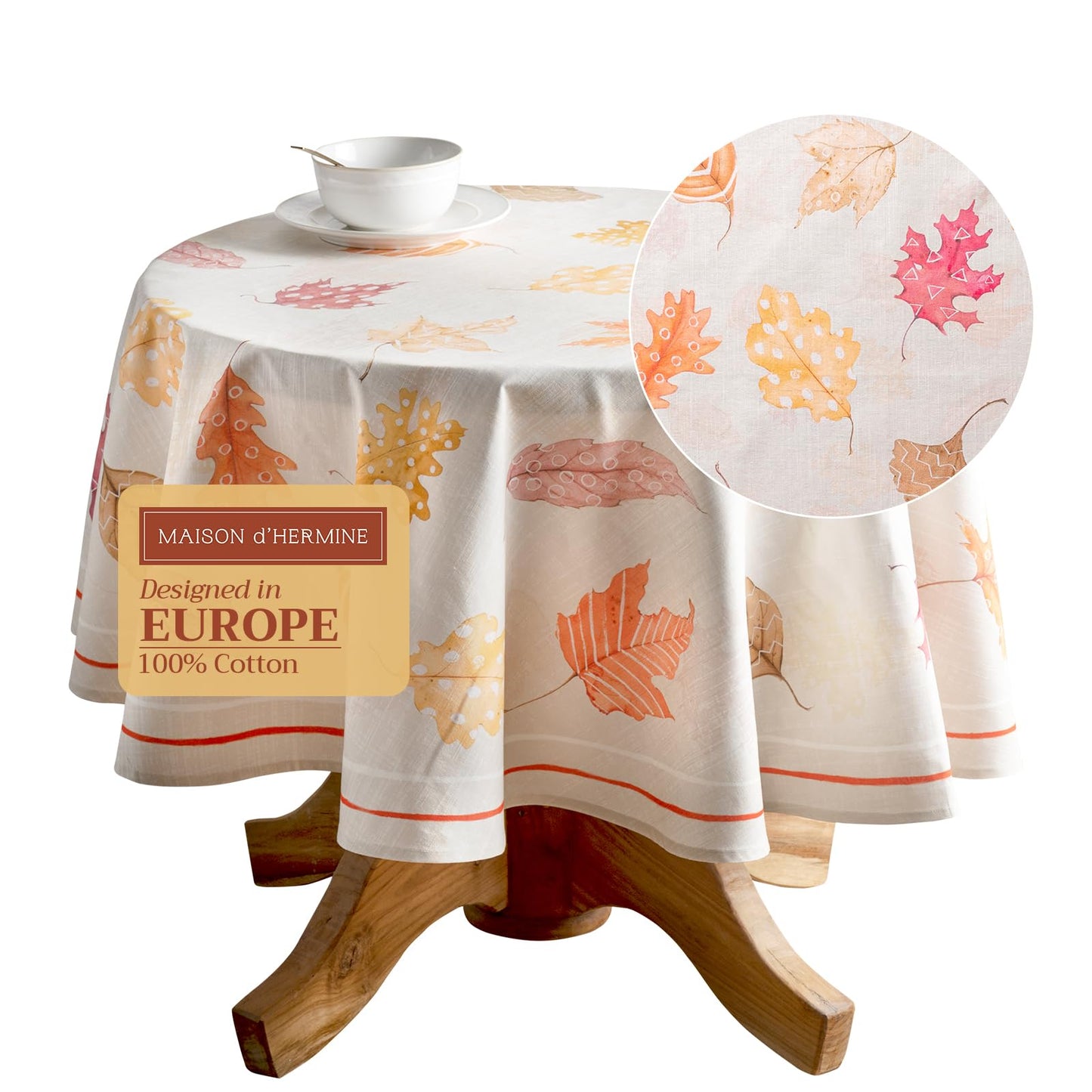 Maison d' Hermine Table Cloth Round Table 100% Cotton 69 Inches Fall Tablecloth Reusable Everyday Use for Thanksgiving Christmas Decorations Dining Farmhouse Party (Colours of Autumn)