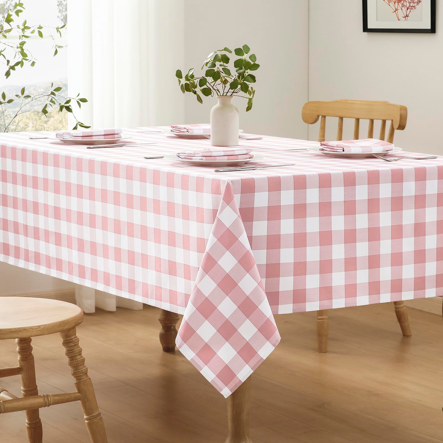 Veblandy Checkered Tablecloth Rectangle Waterproof Gingham Table Cloth Washable Buffalo Plaid Table Cover Wrinkle Free for Kitchen, Dining and Outdoor Picnic, 52 x 70 Inch, Pink and White