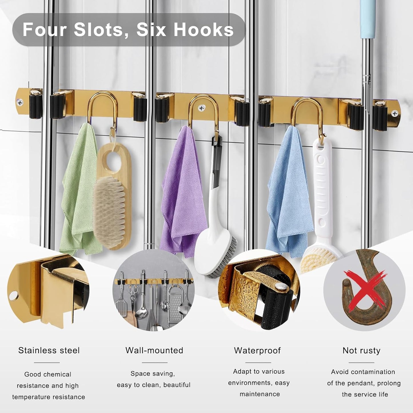 Skiennix Mop Broom Holder Wall Mount - Gold Stainless Steel Organizer with 4 Slots & 6 Hooks