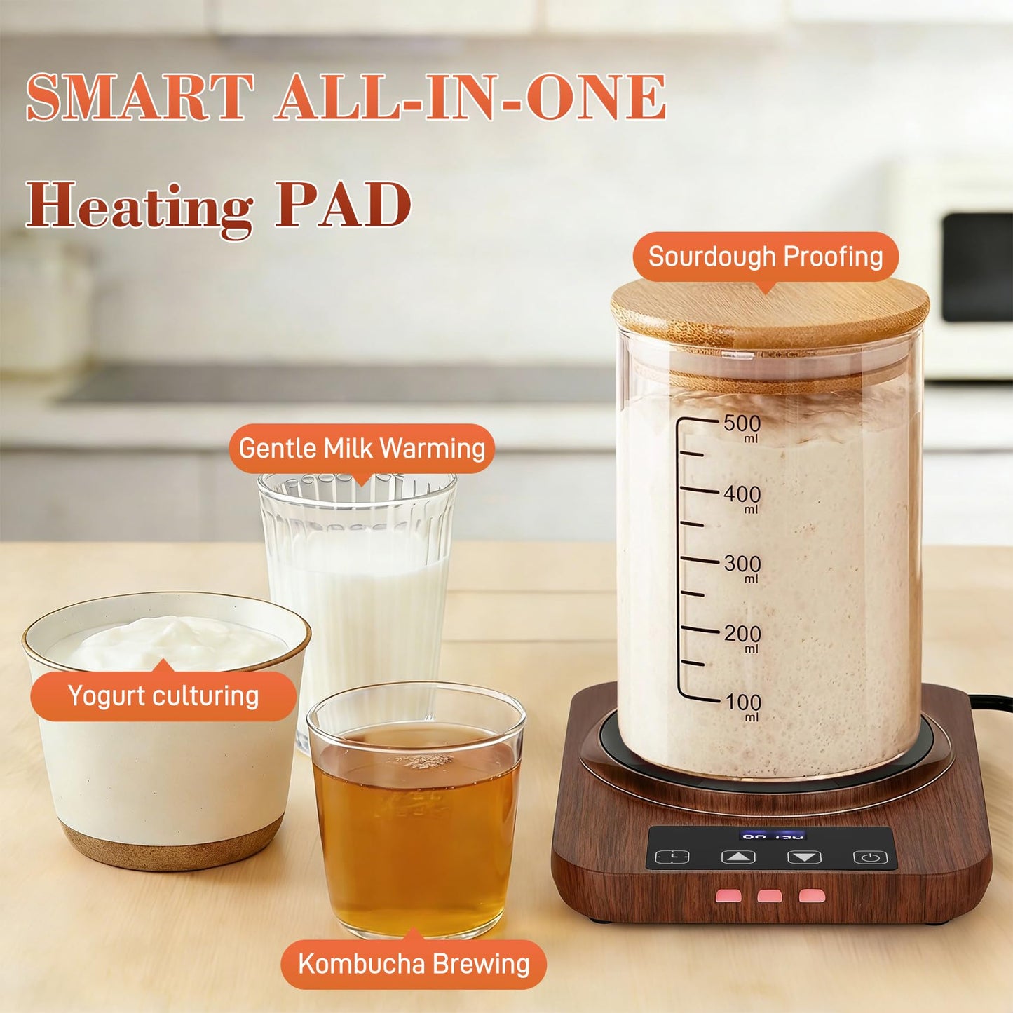 Sourdough Starter Warmer -24H Timer, Precise 1°F Thermostat Control (70-100°F) Smart Memory Warming On/Off,Sourdough Warming Mat for Home Baking（Wood Grain）