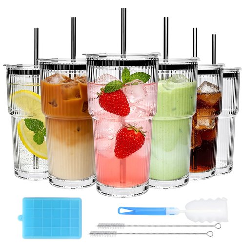 Accguan 20oz Ribbed Glass Tumbler with Straw and Lid,Glass Cup,Reusable lced Coffee Cups with lids-Glass Cups with Lids for Smoothie,Coffee,Juice,Tea,Travel Mug,Cold & Hot Beverages, 6Pack