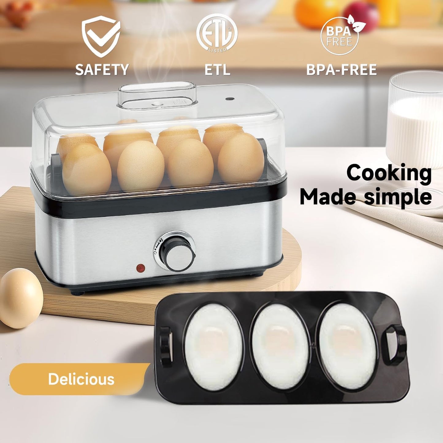 Skiennix Electric Egg Cooker - Rapid 8 Egg Capacity for Hard Boiled, Poached, Scrambled Eggs | Auto Shut Off