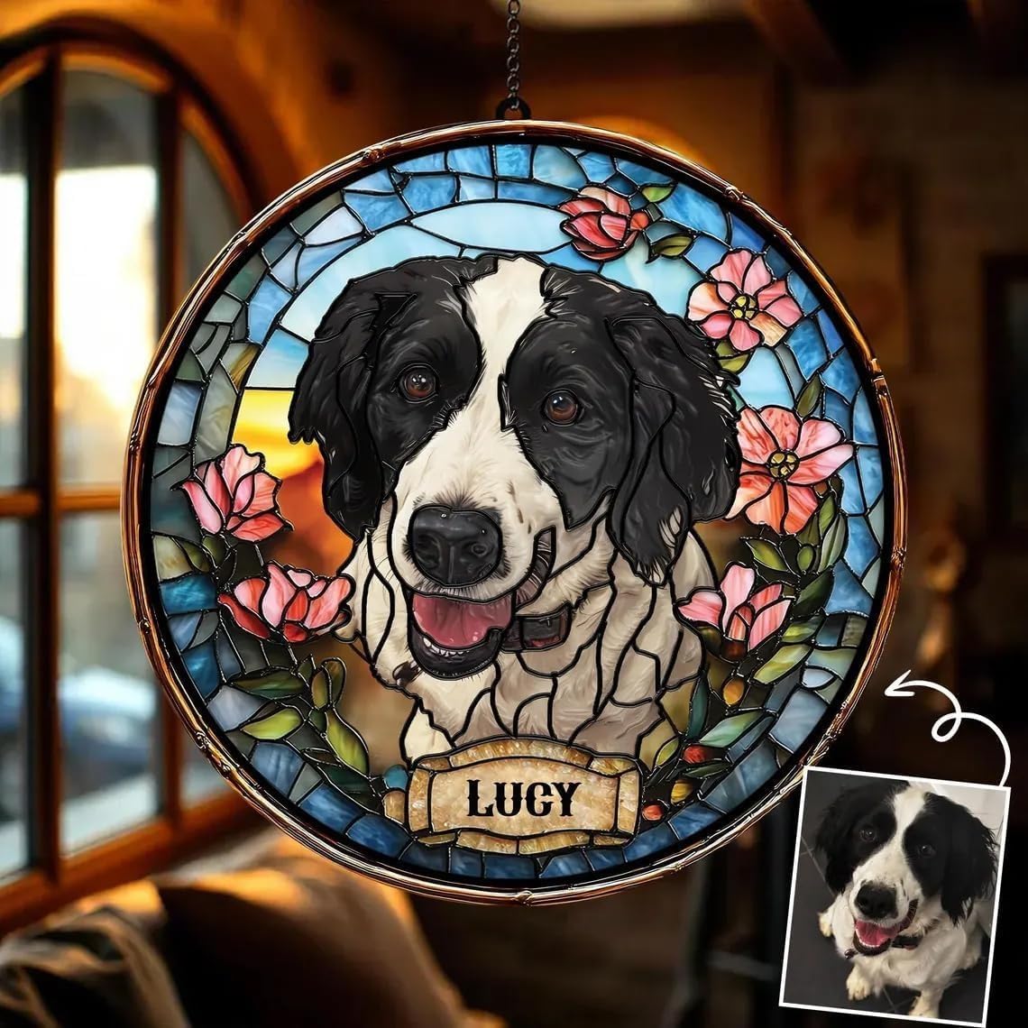 Skiennix Custom Dog Portrait Stained Glass Light Catcher - Personalized Pet Memorial Gift | Unique Sympathy Keepsake