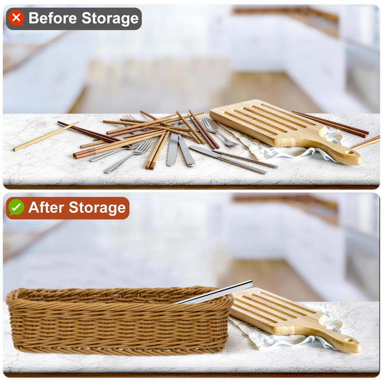 Cabilock 2pcs Wicker Cutlery Basket, Rectangular Woven Storage Bins for Kitchen Drawer, Rattan Utensil Organizer Tray, Flatware Silverware Holder for Dining Table Countertop