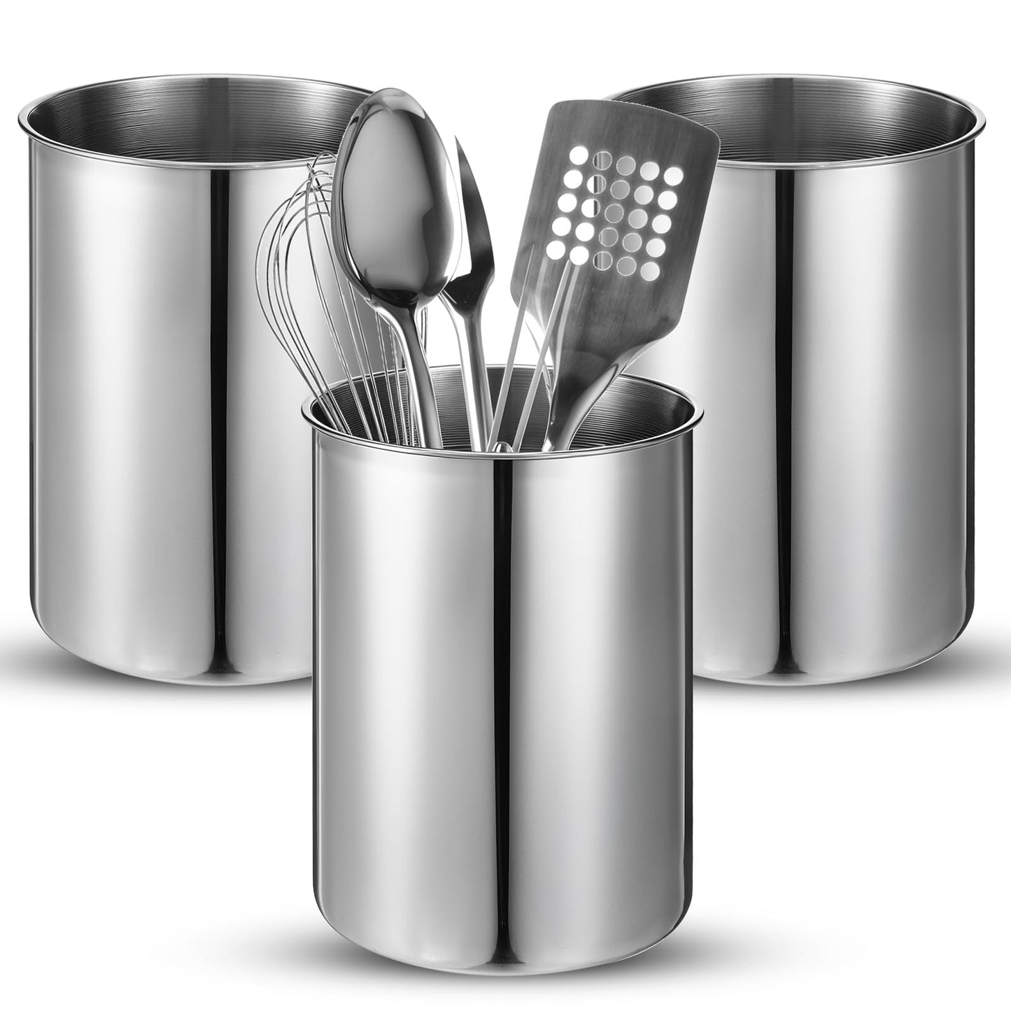 HOFURME 3 Pcs Cooking Utensil Holder for Kitchen Counter, 5.6 x 7.5 inch Metal Utensil Crock Stainless Steel Utensils Holder Container Canister Spatula Spoon Caddy Organizer (Silver)