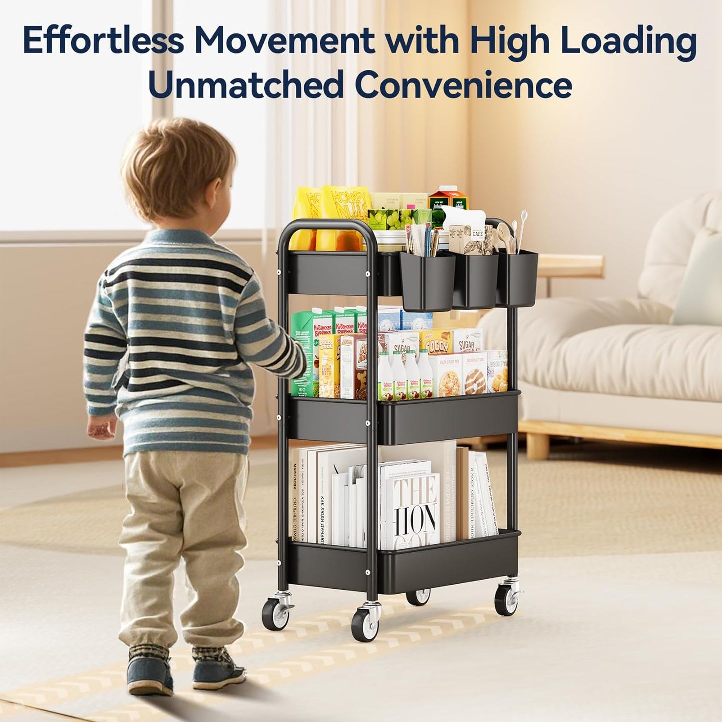YASONIC 3-Tier Rolling Utility Cart - Heavy-Duty Metal Storage Organizer with Wheels & Hooks | Perfect for Kitchen & Office