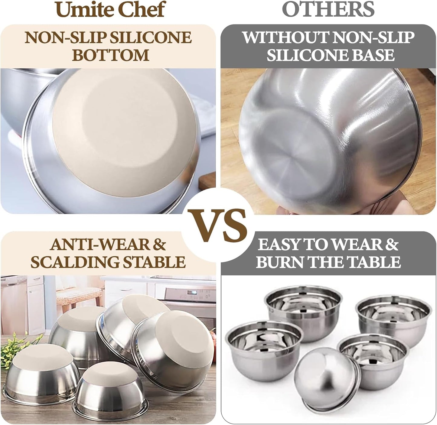 Umite Chef Mixing Bowls Set - 8PCS Stainless Steel Nesting Bowls with Airtight Lids & Grater | Non-Slip Bottoms, Khaki, 1.5QT to 5QT