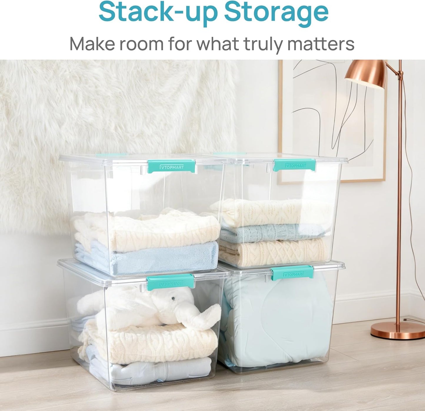 Vtopmart 72 QT Crystal Clear Storage Bins - 2 Pack with Lids | Stackable Plastic Totes for Organizing Clothes and Bedding
