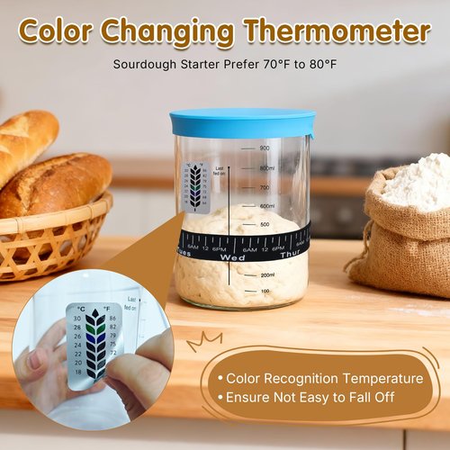 Bakedon 34oz Sourdough Starter Jar Kit,Wide Mouth Sourdough Starter Container with Feeding Tracking Band, Silicone Spatula&Sourdough Starter Kit-Baking Supplies(2 pack). (Blue)