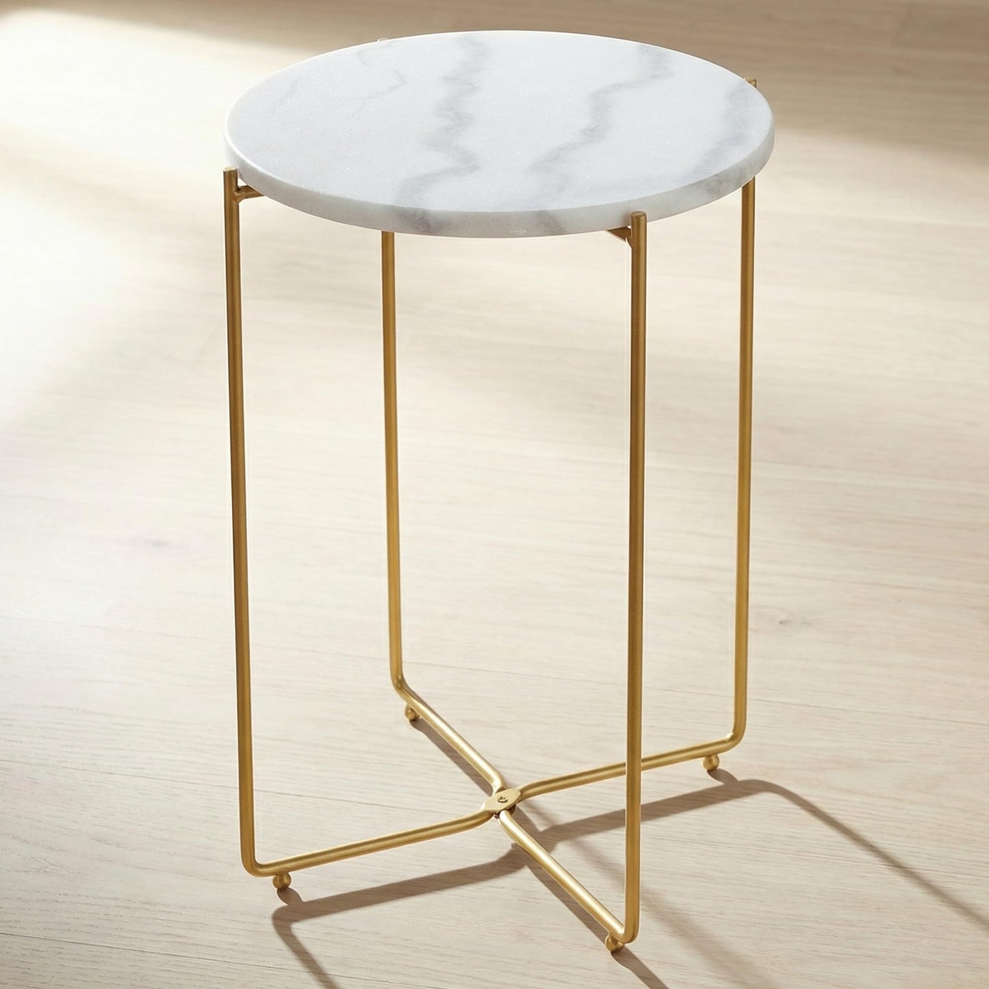 ALPOME Real Marble Side Table, No Assembly Required Round End Table for Living Room, 15" Modern Small Accent Bedside Table with Gold Metal Legs, Waterproof Nightstand for Sofa, Bedroom, White