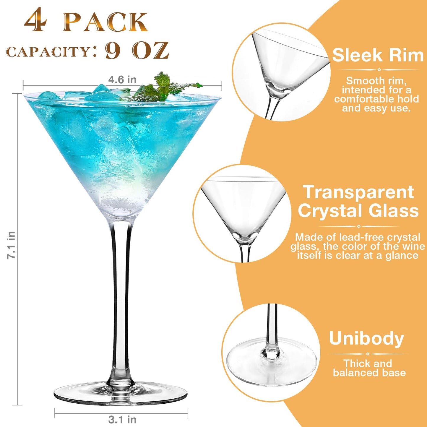 Qipecedm Martini Glasses Set of 4, 9 oz Crystal Cocktail Glasses, Hand Blown Crystal Martini Glasses for Espresso Martini, Cosmopolitan, Gimlet, Home Bar, Party, Martini Glassware Gift Set (Stem)