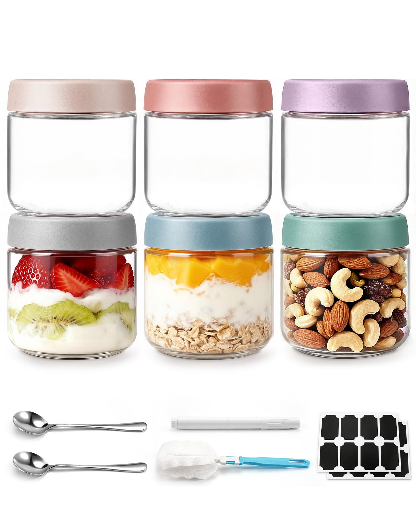 6 pack 10 oz Overnight Oats Containers with Lids and Spoons Glass Jars with Airtight Lids: Wide Mouth Mason Salad Jars, Leakproof and Reusable Glass Food Storage Container for Yogurt Snacks Spice