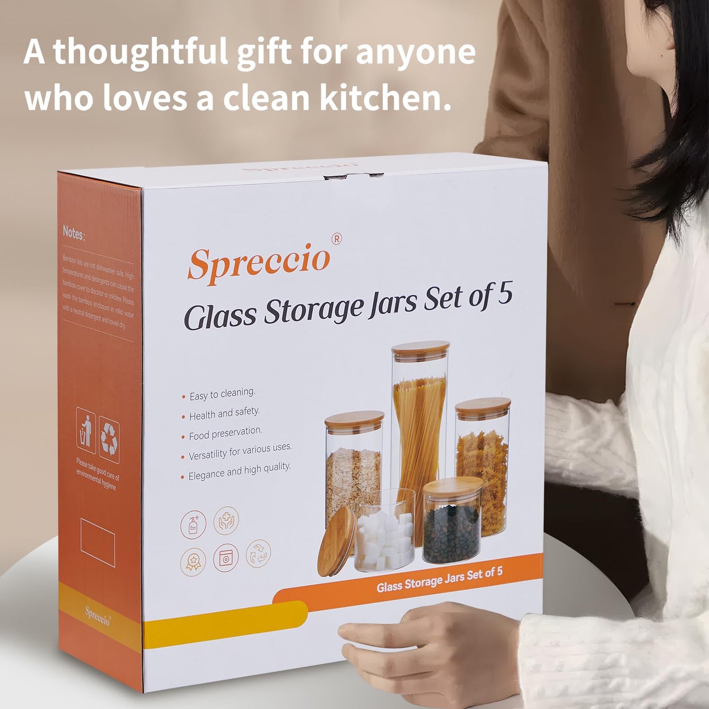 Spreccio Glass Food Storage Jars with Lids[Set of 5], Perfect for Pasta, Cookies, Nuts, Coffee, Cereal, Flour, and More, Organize Your Kitchen and Pantry with these BPA-Free Glass Canisters