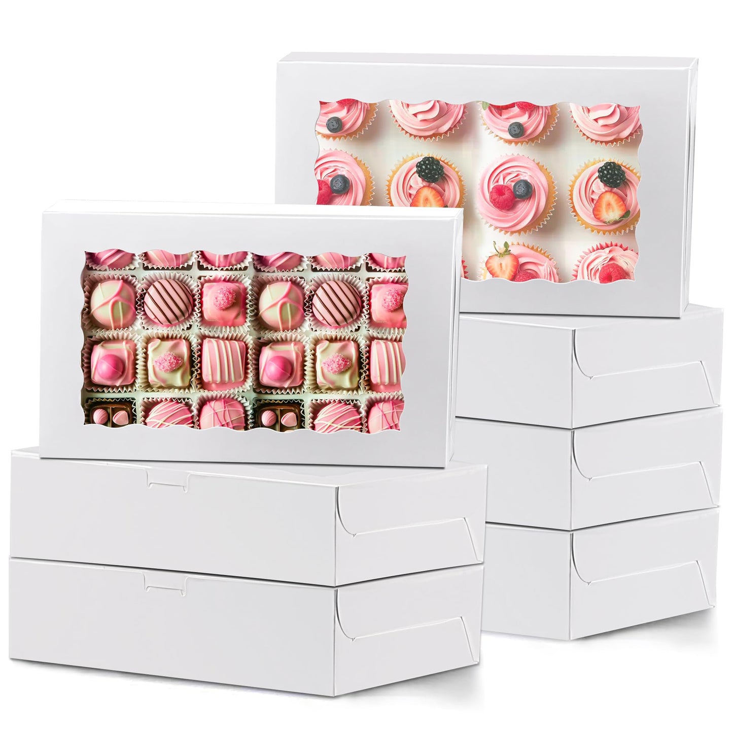 MUMULULU 12x8x2.5 Inches White Bakery Boxes with Window Cookie Boxes Treat Boxes for Desserts Cupcakes Muffins Donut Chocolate Strawberry (7)