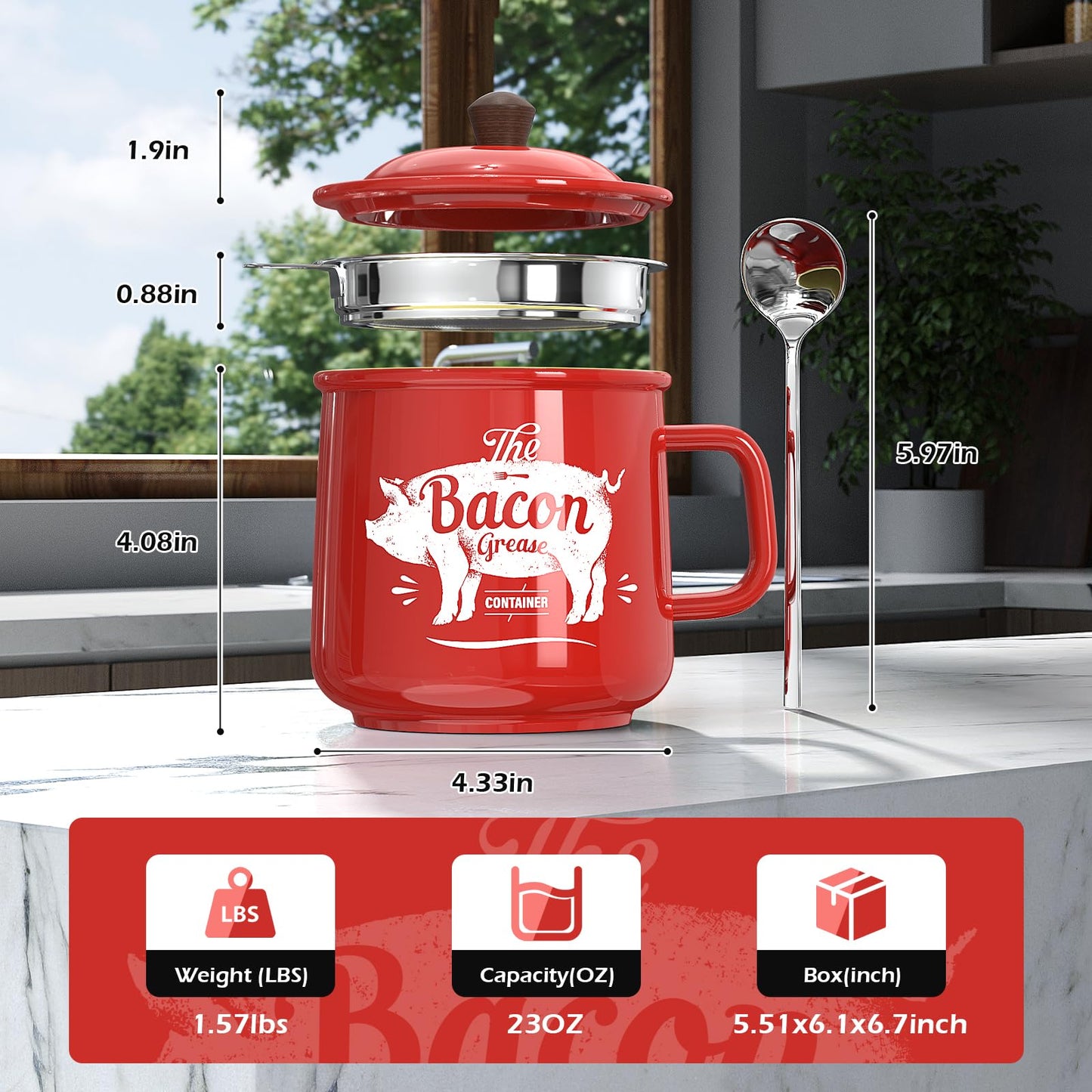 PGYARD Ceramic Bacon Grease Saver With Strainer - 23OZ Bacon Grease Container Farmhouse Keeper For Kitchen Fat Storage-Red