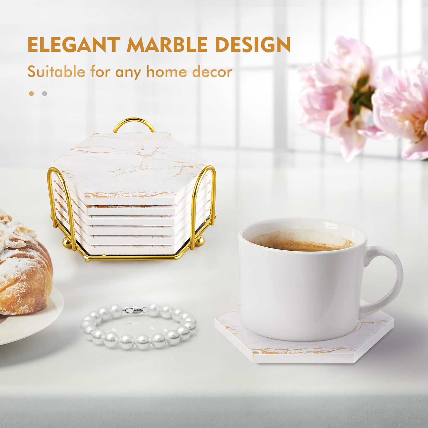 Marble Coasters for Drinks Absorbent with Cork Base, 6pcs Drink Coasters for Wooden Table with Metal Holder, Gold Ceramic Cup Coaster Set Home Decor for Housewarming
