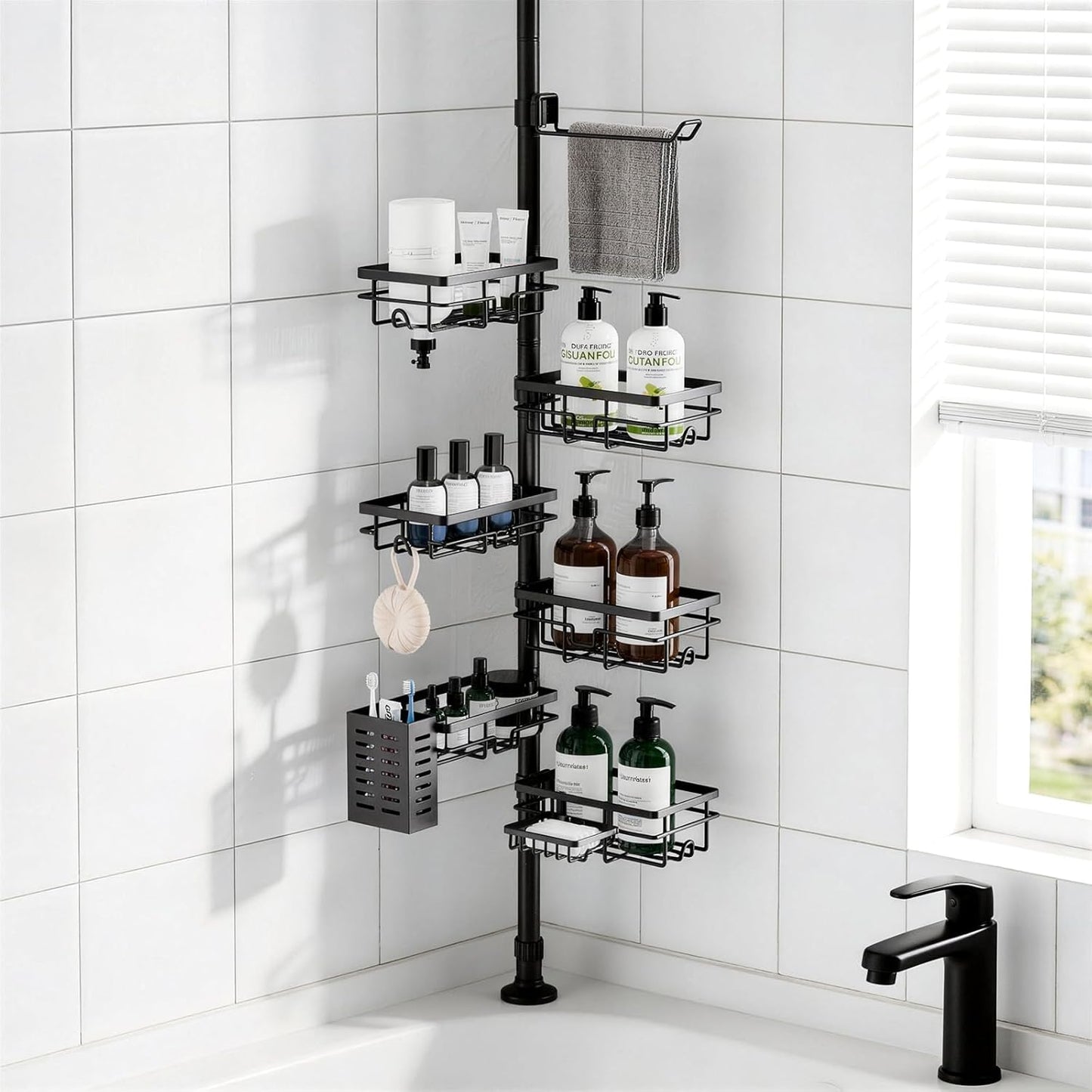 Shower Caddy Organizer - Rustproof Tension Pole with Adjustable 30-120 Inch Rack & Extra Towel Bar | Black