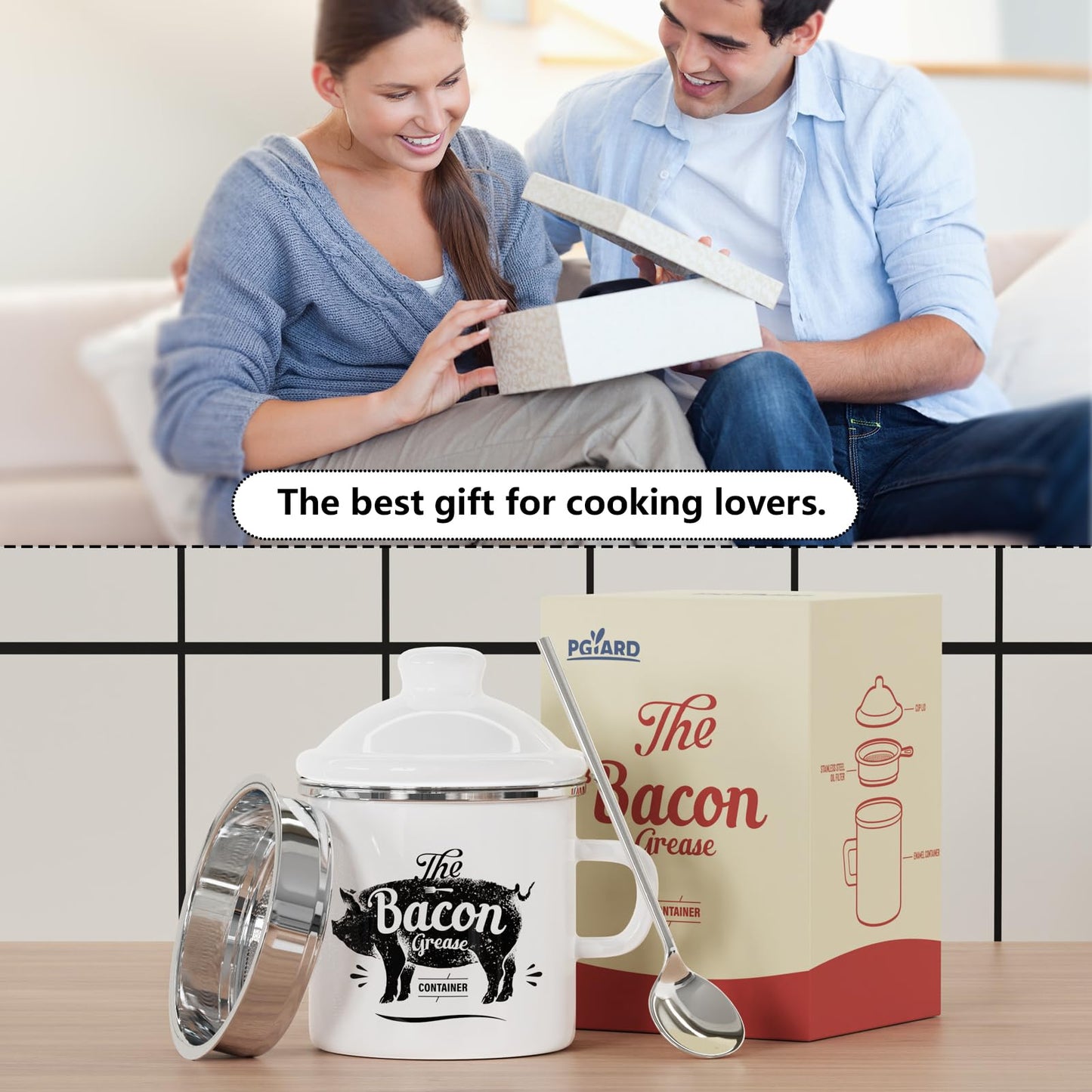 PGYARD Mini Bacon Grease Container With Strainer - 15OZ Enamel Grease Saver, Farmhouse Bacon Grease Keeper For Kitchen Fat Storage, Dishwasher Safe-White