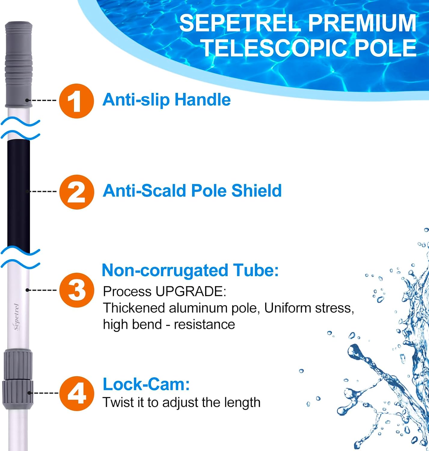 Sepetrel 15-Foot Telescoping Pool Pole - Upgraded Professional Design with Threaded Tips for Skimmer Net & Brush