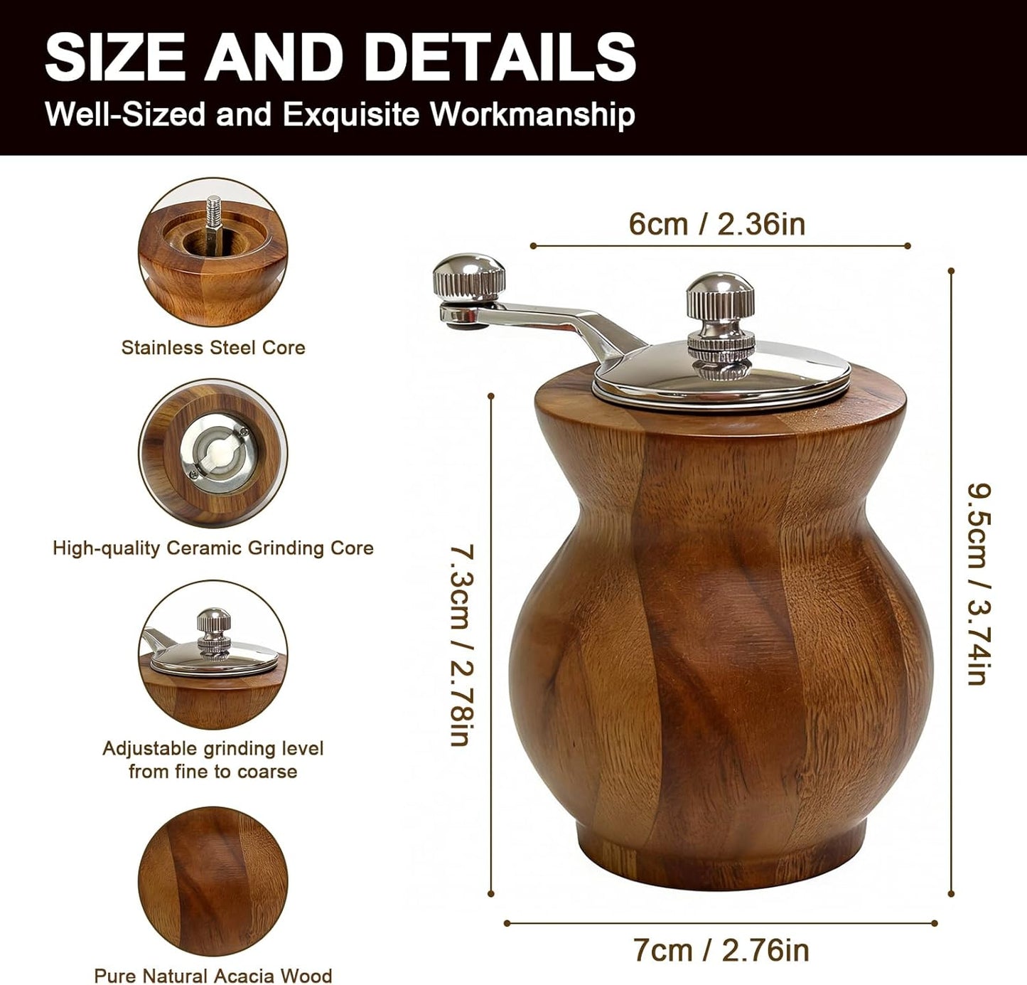 Skiennix Pepper Grinder - Refillable Spice Mill with Adjustable Coarseness | Manual Design with Handle