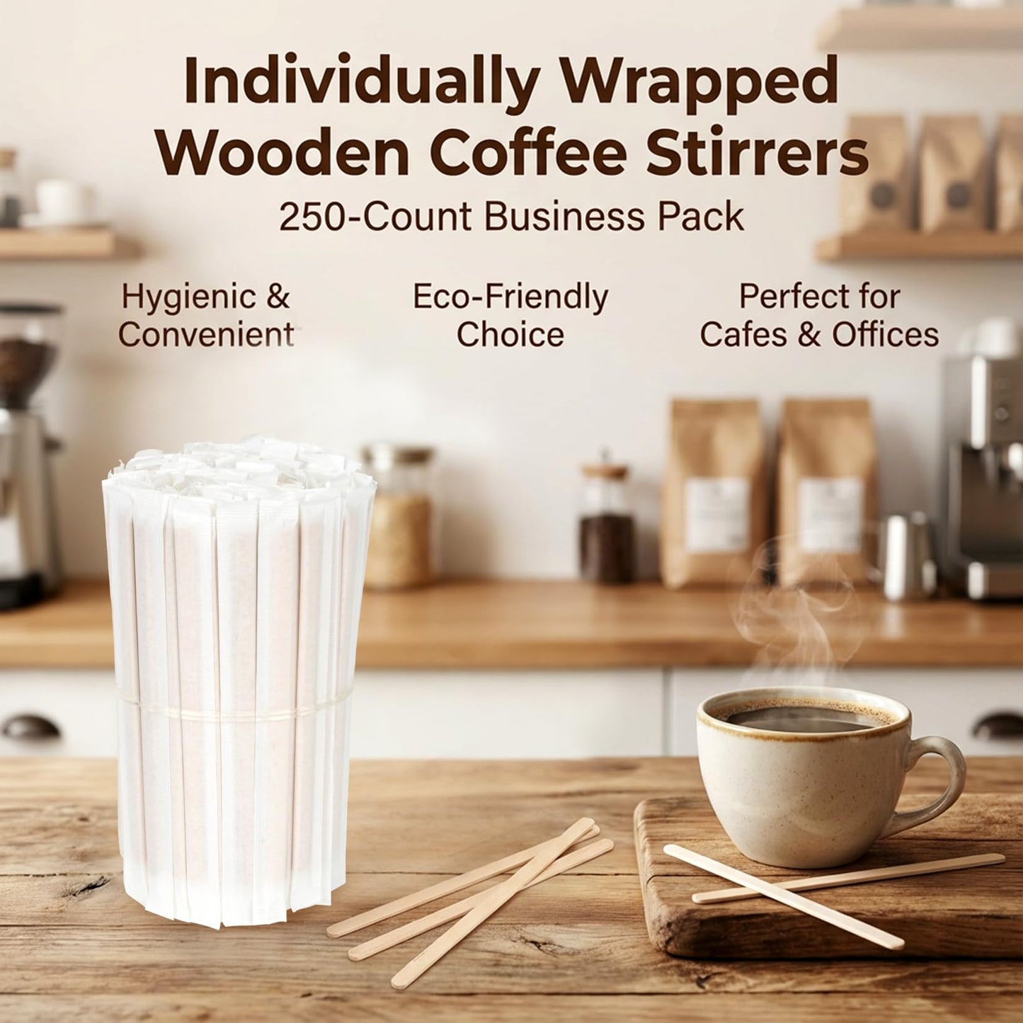 MAQIHAN 250PCS Individually Wrapped Wooden Coffee Stirrers - 5.5 Inch Biodegradable Beverage Stir Sticks for Hot & Cold Drinks, Eco-Friendly Disposable Coffee Sticks for Office, Home, Café