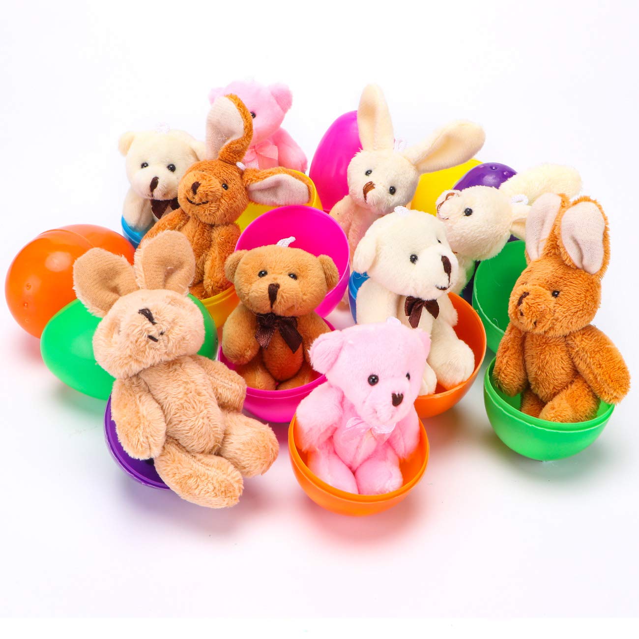 NEWBEA 12 Pack Prefilled Easter Eggs with Stuffed Animals,3.15" Plastic Easter Eggs Filled with Toys,Perfect for Kids
