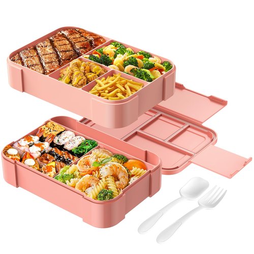 Cherrysea Stackable Bento Box Large Adult Lunch Container 6 Compartments Leakproof Kids Toddler Bento Lunch Box for School, All in One Pink Lunch Box with Adjust Divider for Office, Picnic - 1500ML