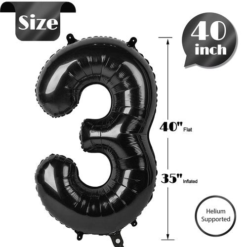 3 Balloon, Black Number Balloon 40 Inch, 3rd Three Year Old Birthday Deco, Black Party Supplies for Party Decorations, Number 3 Balloon